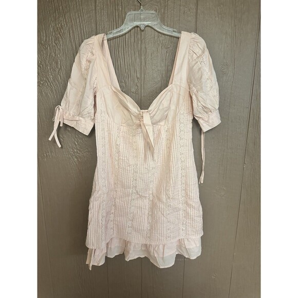 Lulu's Ryleigh Blush Pink Tie-Front Pleated Lace Mini Dress Size Medium Ruffle - Picture 1 of 7